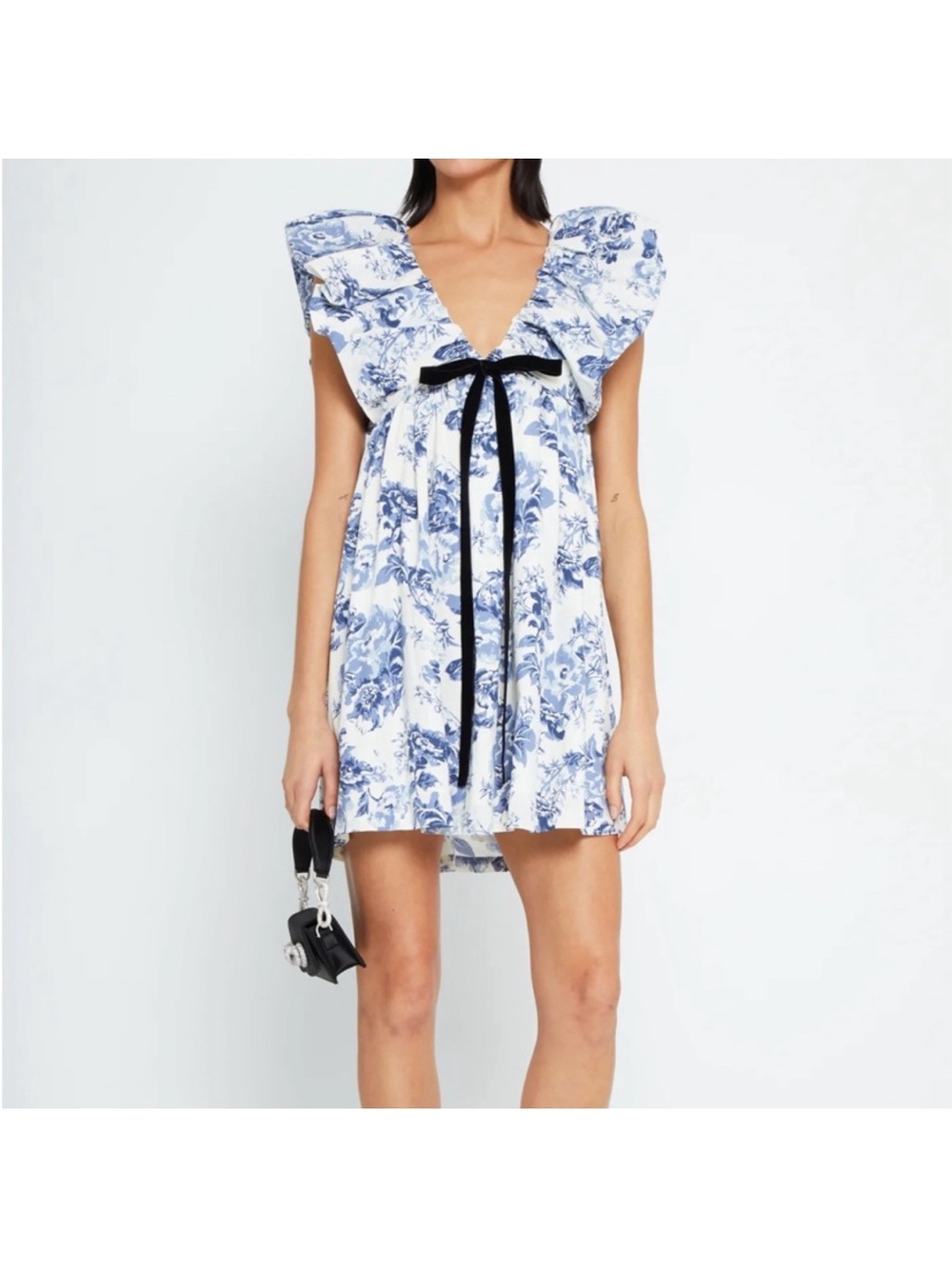 Blue Floral V-Neck Ruffle Mini Dress with Black Tie